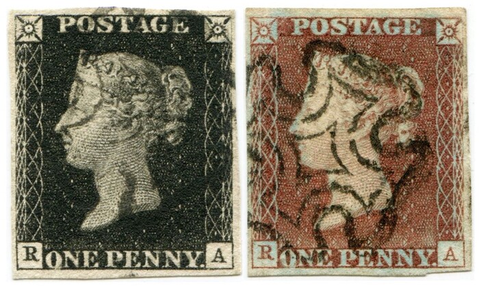 Penny Black 1840 ���� ����� � Penny Red 1841 ���� ������. �� ����� ����������� ������ ������� ������������ �����. ���������� C. � F. Heath; ���� painting in light, Wikimedia Commons.