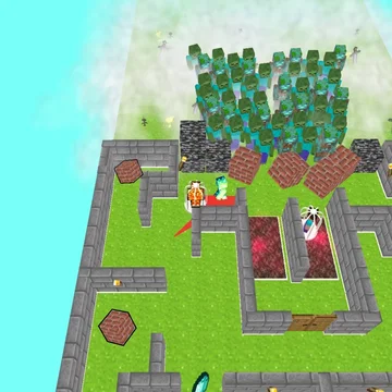 Прятки в майнкрафт - постройте стену из разбросанных по уровню блоков, защитись от наступающей толпы зомби! Не позволь сопернику уничтожить стену!