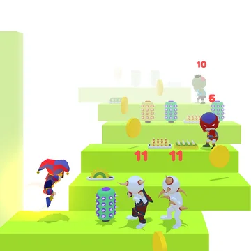 Пройди всю Боевую лестницу, скидывая других игроков и избегая ловушек. Открой скины от простых стикменов до Помни из цифрового цирка и Нубика.