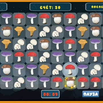 Собирайте ряды из одинаковых грибов, проходите уровни, наслаждайтесь увлекательной игрой жанра три в ряд с волшебными грибами
