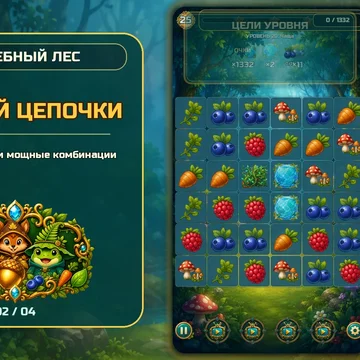 Соединяйте одинаковые лесные фишки в цепочки, разрушайте препятствия и побеждайте боссов. Вас ждут 300 уровней, спутники с особыми умениями и волшебные комбинации. (скриншот 2)