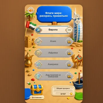 Спокойная игра-раскраска про флаги: раскрашивайте страны кистью, открывайте континенты и узнавайте необычные факты. (скриншот 2)